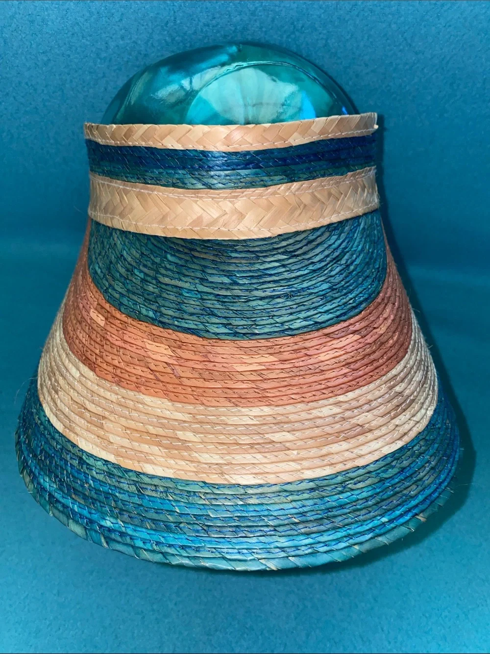 Handmade palm straw striped wide brim adjustable visor sun beach hat size OSFA